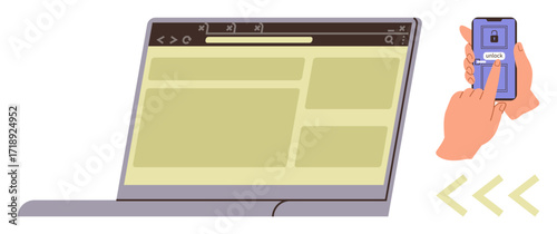 Laptop screen with active browser and smartphone showing security unlock screen with fingerprint Ideal for privacy, security, technology, digital safety, authentication, online access, web