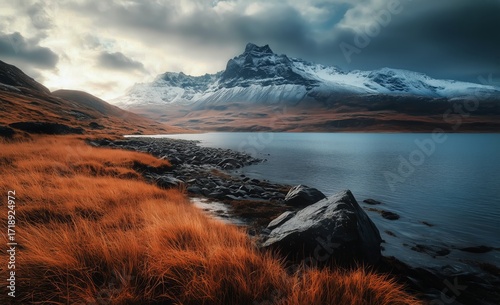Landscape View of Mountains and Lake Under Dramatic Skies in Iceland During S...