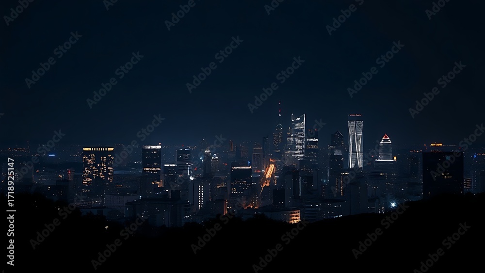 Fototapeta premium A city skyline illuminated at night with long exposure and deep blue tones. 