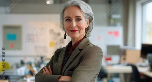 Confident Woman Poses in Design Studio Filled With Creativity and Innovation.