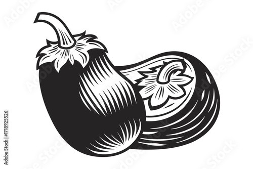 Eggplant Vegetable, Monochrome with Halved CrossSection on White Background
