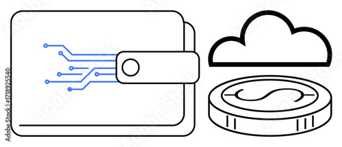 Wallet with integrated circuits, cloud image, and cryptocurrency coin signifies fintech, blockchain, digital currency, online transactions, cybersecurity, cloud storage fintech accessibility. Ideal