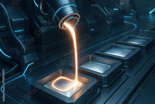 Molten metal pouring into mold in futuristic factory with glowing blue light