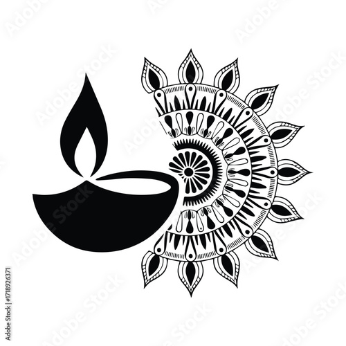 Elegant Diwali Design with Lit Diya Lamp and Intricate Mandala Pattern on White Background