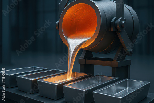 Molten metal pouring into molds in industrial foundry with glowing furnace light