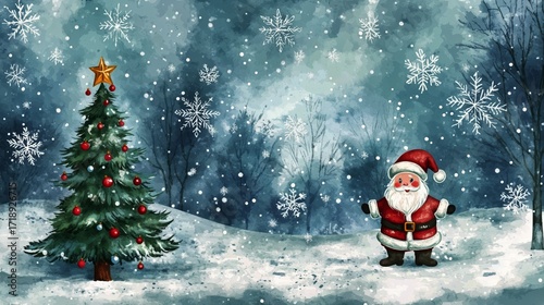 Santa Stands by a Decorated Christmas Tree in a Snowy Winter Landscape With F...