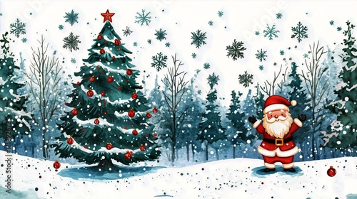 Cheerful Santa Claus Celebrates Christmas With a Decorated Tree in a Snowy Wi...