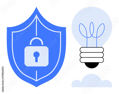 Blue shield with padlock symbol next to a creative light bulb over a cloud. Ideal for technology, protection, innovation, cybersecurity, ideas, creativity, data safety. Simple flat metaphor