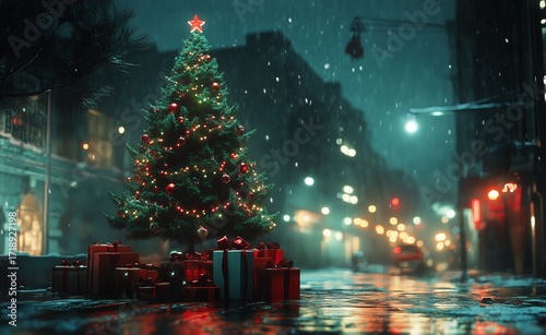 Festive City Scene With Decorated Christmas Tree and Colorful Presents at Night.