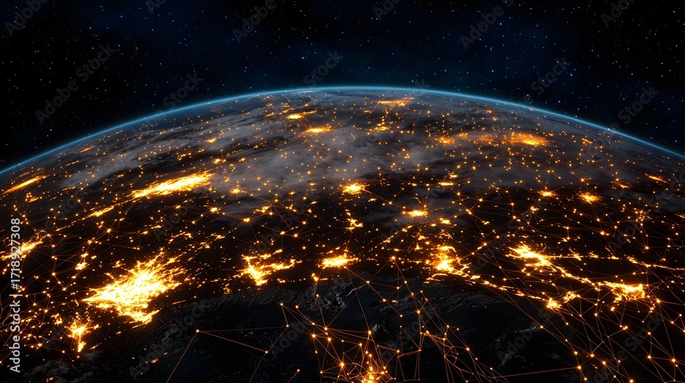 Obraz premium The image depicts Earth at night, showcasing city lights and network connections, with a backdrop of stars, creating a vibrant and interconnected aerial view of the planet.