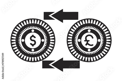 Exchange Dollar Coins with Arrows in Black on White Background