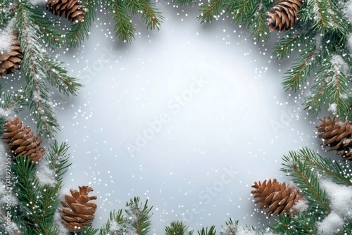 Winter Themed Pine Branches and Cones With Snowfall Effect Create a Festive B...