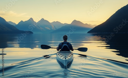 Kayaker Explores Serene Lake Surrounded by Majestic Mountains at Sunset.