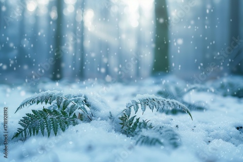 Winter Wonderland Ferns Adorned with Snow in an Enchanted Forest Setting
