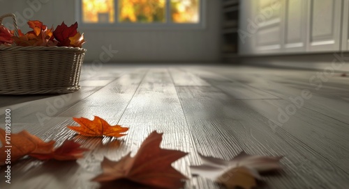 Beautiful Autumn Leaves Scattered on Wooden Floor Near a Basket in a Cozy Ind...