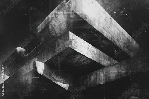 Abstract geometric structure with concrete texture and dark shadows creating a sense of depth and mystery in monochrome
