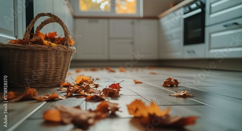 Cozy Kitchen With Autumn Leaves Scattered on the Floor and a Basket Full of C...