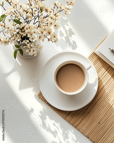 Warm morning sunlight streams across a white cup of coffee on a saucer with delicate flowers