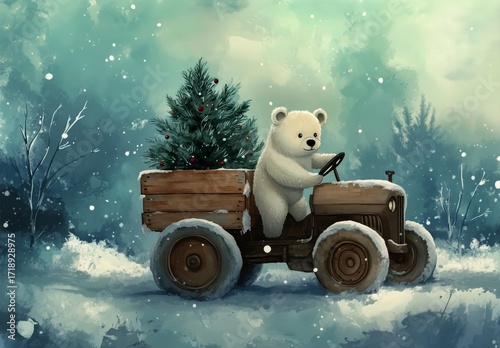 Bear Driving a Tractor With a Christmas Tree in Snowy Landscape During Winter...