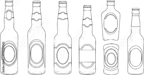 Beer bottle outline coloring book page, Beer bottle line art vector drawing illustration
