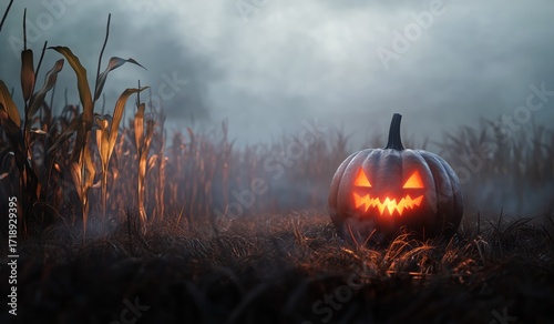 Spooky Jack-O-Lantern Glowing in a Misty Cornfield During Halloween Night