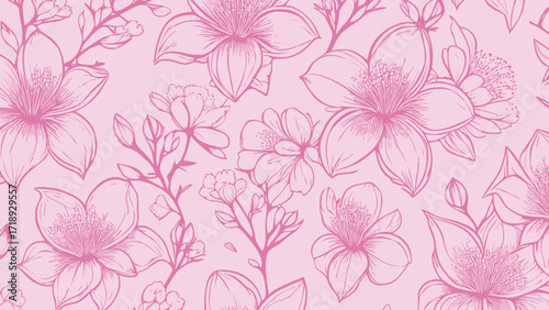 Wallpaper Mural Pink seamless patterns background with flowers sakura.  Botanic tropical wallpaper with daisies flower and leaves.  Torontodigital.ca