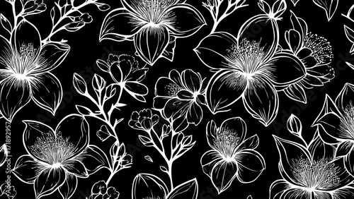 Black and white seamless patterns background with flowers sakura.  Botanic tropical wallpaper with daisies flower and leaves. 