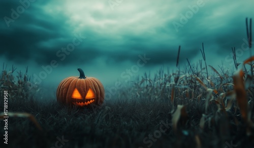 Spooky Jack-O-Lantern Glowing in a Misty Cornfield During Halloween Night.