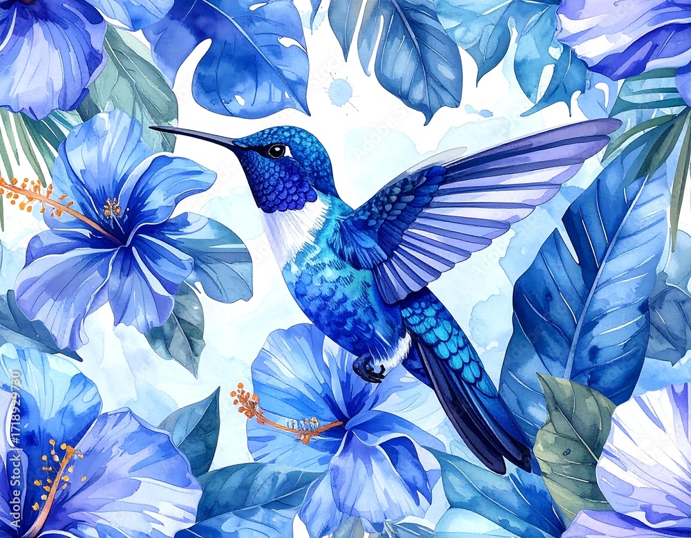 Fototapeta premium Vibrant blue hummingbird amidst tropical flowers (1)