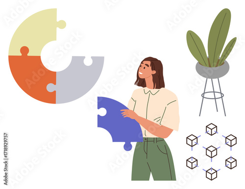 Woman assembling blue puzzle piece into circular puzzle. Decor includes plant in pot and scattered cube graphics. Ideal for teamwork, problem-solving, organization, strategy, creativity, education
