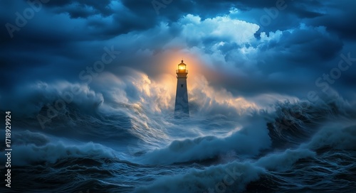 Stormy Waters Surround a Lighthouse Guiding Ships During a Tempest at Dusk.