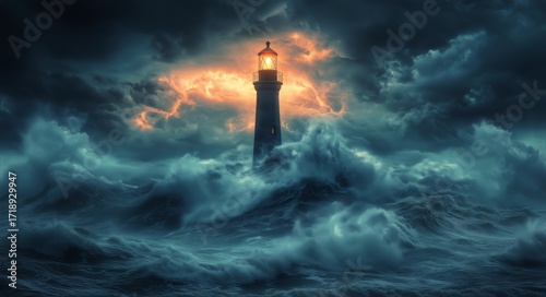 Lighthouse Standing Firm in Stormy Sea Under Dramatic Clouds at Twilight