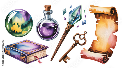 Mystical Objects Watercolor Illustration Set Crystal Ball Potion Bottle Scroll Book Key and Staff for Esoteric and Magical Themes