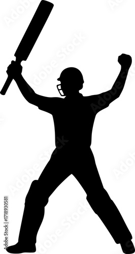 Black and white vector silhouette of a cricket batsman celebrating with raised bat, minimal monochrome sports illustration for cricket design, posters, and athletic concepts.