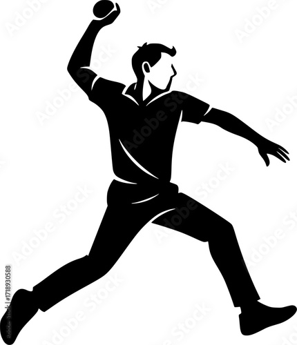 Black and white vector silhouette of a cricket bowler in spin delivery, minimal monochrome sports illustration for cricket design, posters, and athletic concepts.