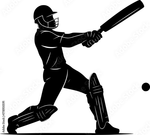 Black and white vector silhouette of a cricket batsman hitting a straight drive, minimal monochrome sports illustration for cricket design, posters, and athletic concepts.