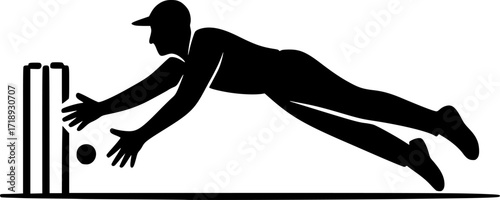 Minimal black and white vector silhouette of a cricket fielder diving near the stumps, monochrome sports illustration for cricket design, posters, and athletic concepts.