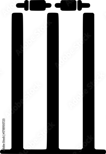 Minimal black and white vector silhouette of cricket stumps and bails, monochrome sports illustration for cricket design, posters, and athletic concepts.