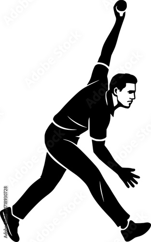 Minimal black and white vector silhouette of a cricket fast bowler delivering the ball, monochrome sports illustration for cricket design, posters, and athletic concepts.
