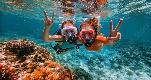 Friends Enjoy Snorkeling Adventure While Exploring Vibrant Coral Reefs and Co...