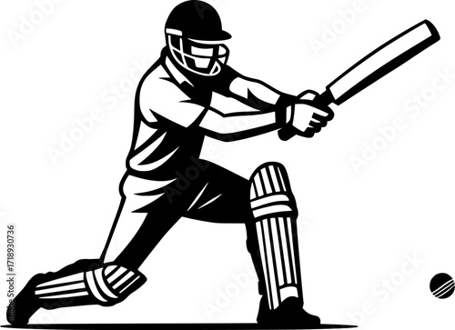 Minimal black and white vector of a cricket batsman playing a cover drive, monochrome sports illustration for cricket posters, design, and athletic concepts.