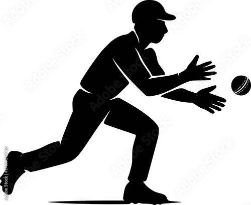 Minimal black and white vector silhouette of a cricket fielder running, monochrome sports illustration for cricket design, posters, and athletic concepts.