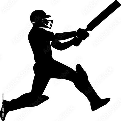 Minimal black and white vector silhouette of a cricket batsman mid-air striking, monochrome sports illustration for cricket design, posters, and athletic concepts.
