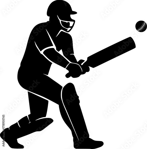 Minimal black and white vector silhouette of a cricket batsman avoiding a bouncer, monochrome sports illustration for cricket posters, design, and athletic concepts.