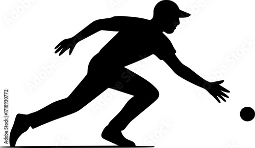 Minimal black and white vector silhouette of a cricket fielder chasing the ball, monochrome sports illustration for cricket design, posters, and athletic concepts.