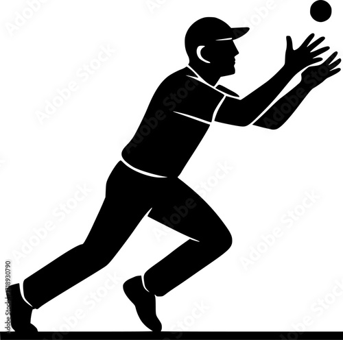 Black and white vector silhouette of a cricket fielder catching at the boundary, minimal monochrome sports illustration for cricket design, posters, and athletic concepts.
