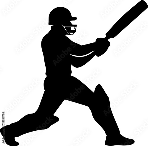 Black and white vector silhouette of a cricket batsman mid-swing, minimal monochrome sports illustration for cricket design, posters, and athletic concepts.