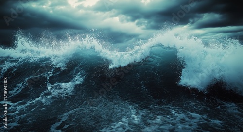 Waves Crashing Against the Shore During a Stormy Evening at the Ocean