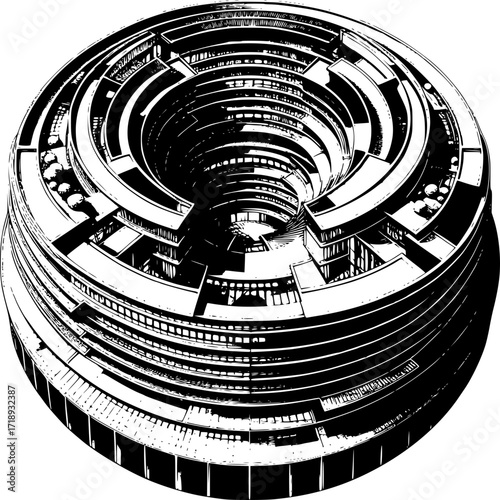 Geometric Architectural Wonder: A striking, highly detailed black and white illustration of a unique, circular building with an intricate, multi-layered design, creating a sense of awe and wonder. 
