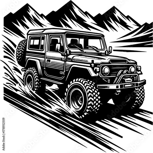 Off-Road Vehicle Adventure: The sturdy vehicle navigates through rugged mountain terrains. An evocative black and white illustration showcases an adventurous spirit